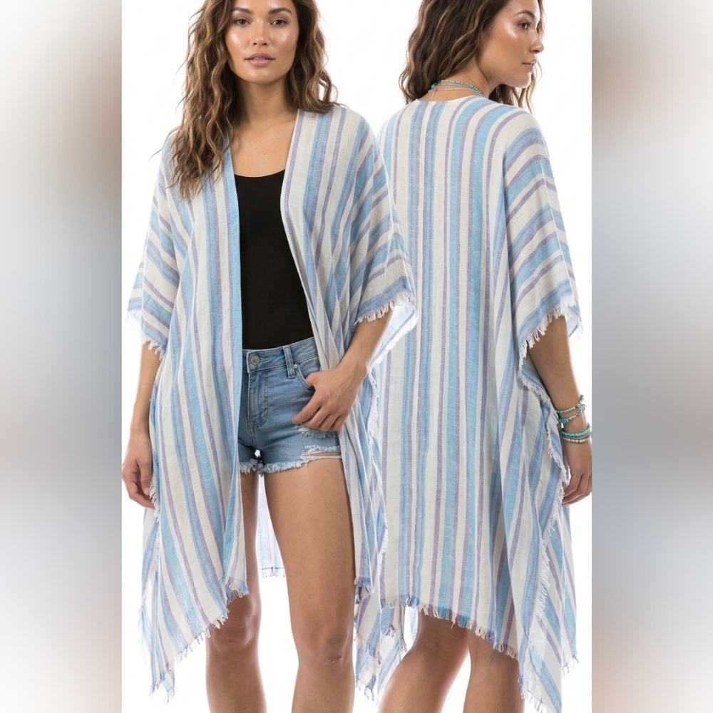 Marcus Adler Topper Kimono Cover Up Striped Fringe Lightweight